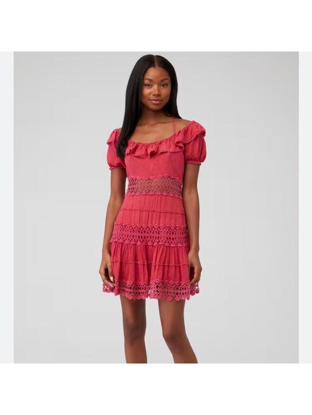 Women's Free People red mini dress with ruffles and lace details size 4
